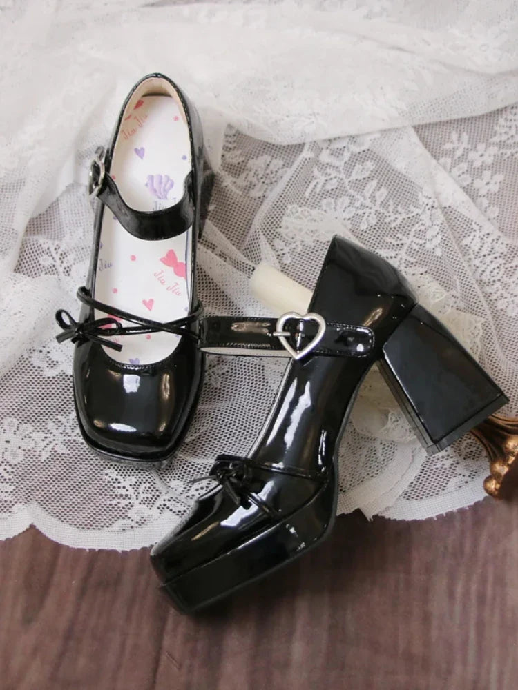 jinran Lolita French Style Square Head Leather Heels Elegant Ladies All-Match Mary Jane Thick High Heel Shoes Women's Pumps Shoes 2024