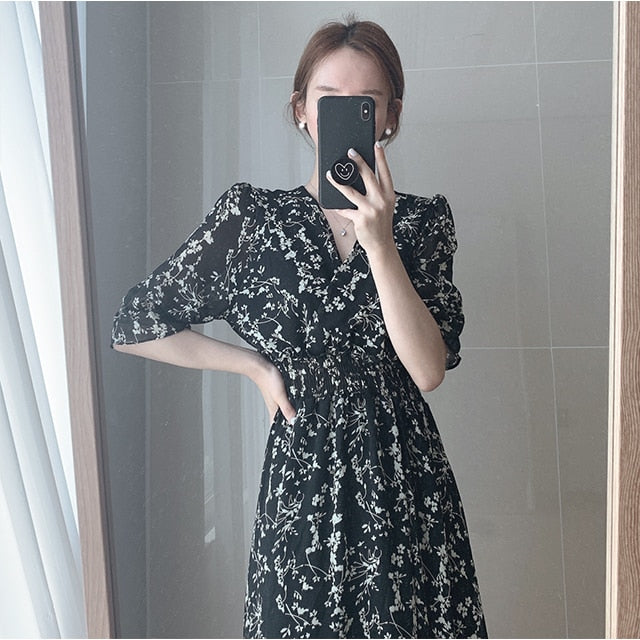 jinran Vintage Korea Fashion Clothing Summer Slim Elastic Waist A Line V Neck Elegant Office Lady Floral Chic Chiffon Long Dress Retro