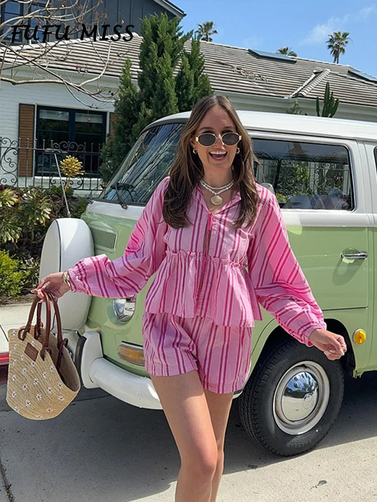 jinran Striped Lace Up Shorts Suit Women Ruffles Hollow Out Long Puff Sleeve Shirt Wide Leg Short Pant Sets 2024 Summer Holiday Outfit