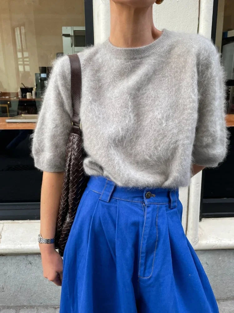 nvxiot - Autumn Grey Mohair Chic Short Sleeve O-neck Knit Pullover Women Fashion Knitted Sweater New Female Streetwear Pullovers 2024