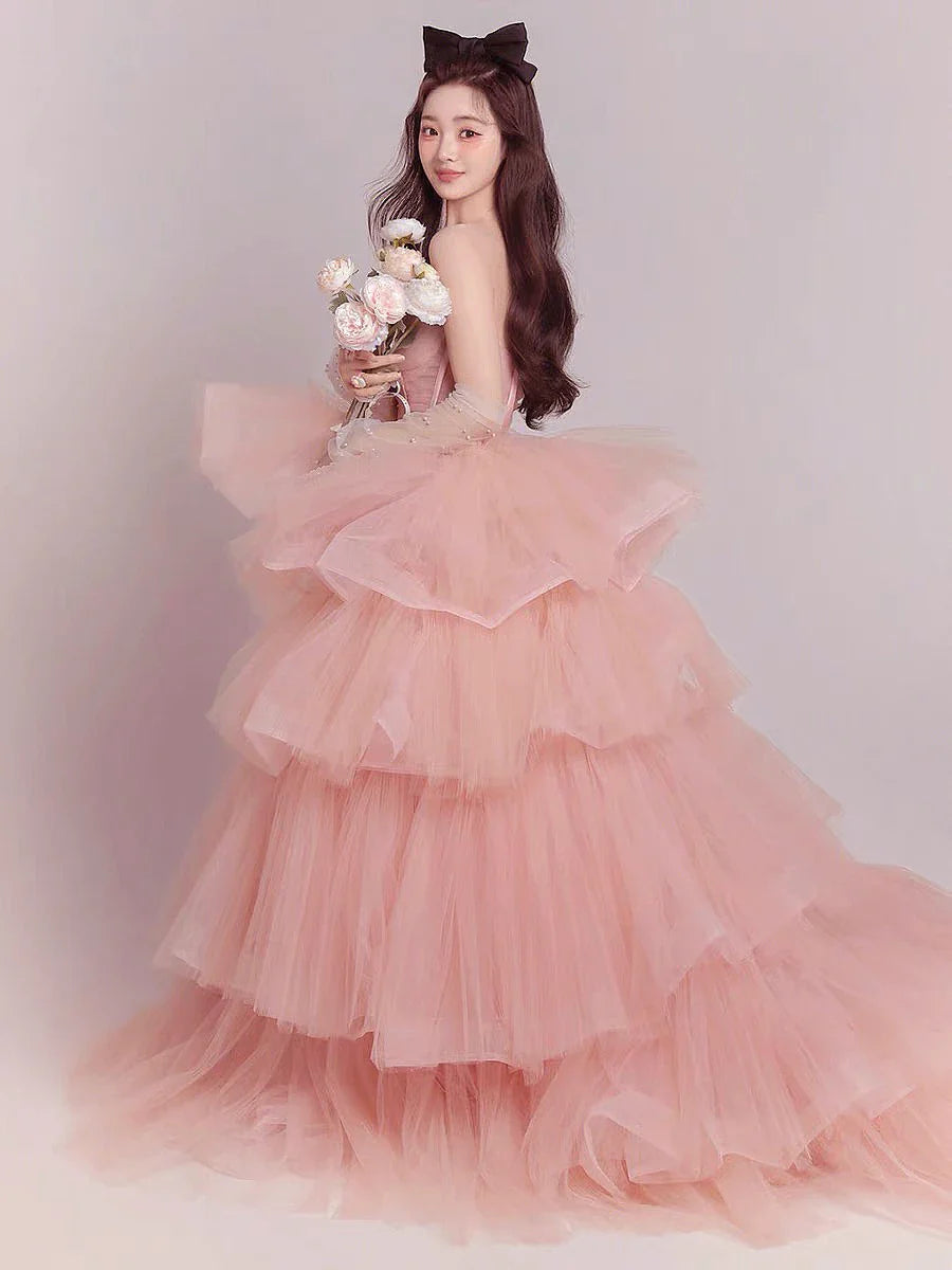jinran Fairy Prom Dresses Sweetheart Sleeveless Cake Tiered Ruffle Quinceanera Pink Corset Lace-up Birthday Wedding Evening Gowns New