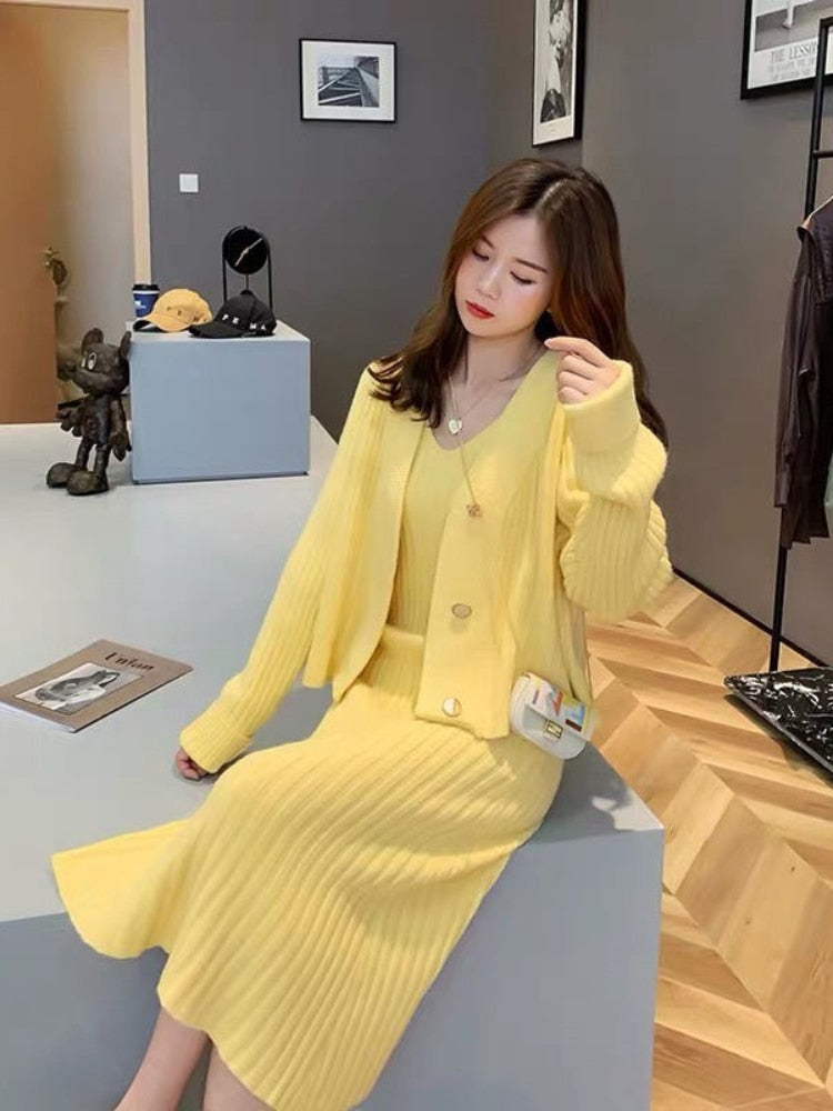 jinran Womans Clothes for Autumn Winter Loose Solid Knitwear Women's Two Piece V-Neck Casual Dress Set Long Sleeve Sweater Skirt