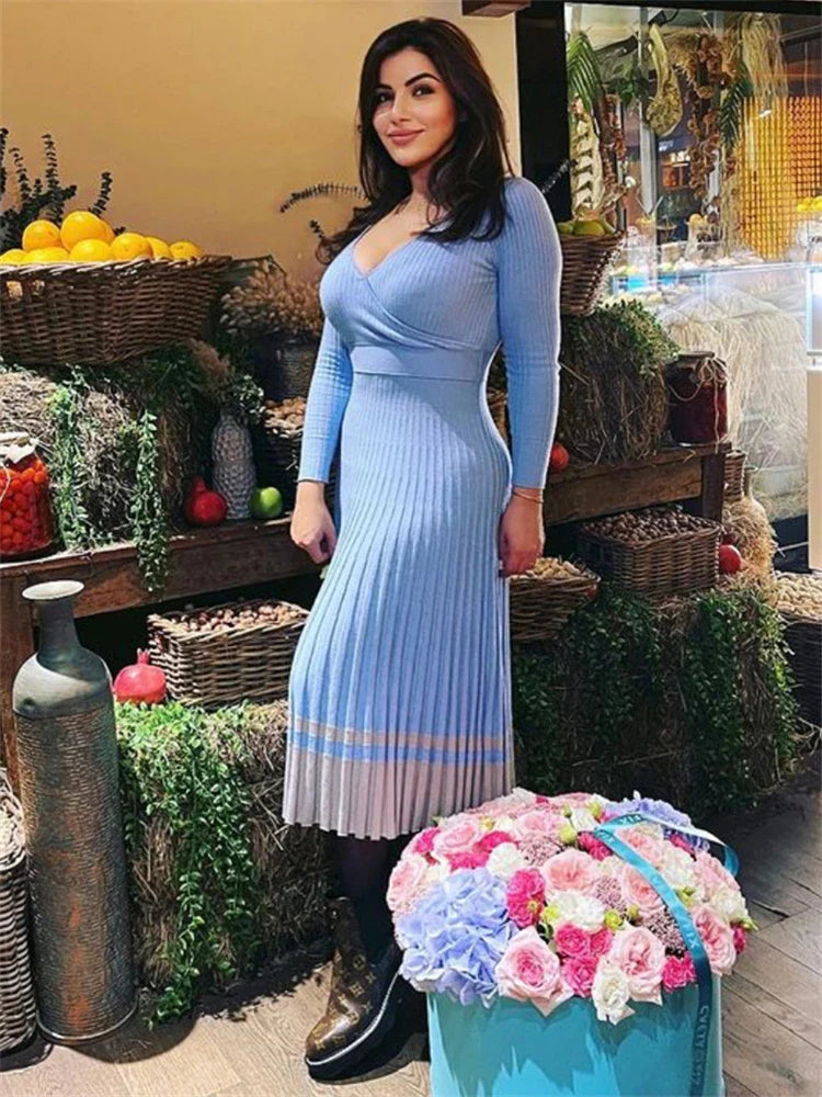 jinran Women Ribbed V-neck Fold Knitted Max Dress Ladies Skinny Sexy A-line Dresses Two Color Patchwork Elegant Chic Vestidos