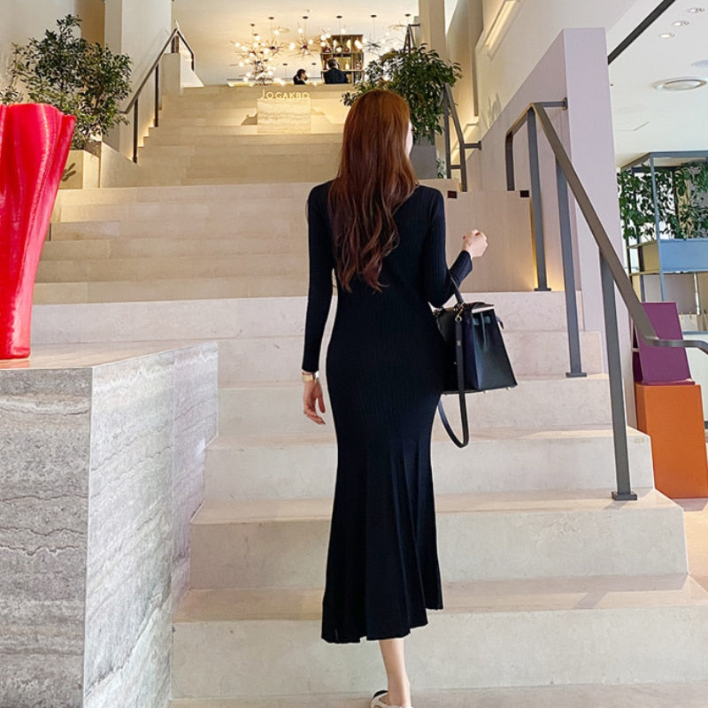 jinran Vintage Korean Maxi Dresses for Women Party Long Sleeve V-neck Mermaid Dress Elegant Fashion Ladies Vestidos Femme Autumn 2022