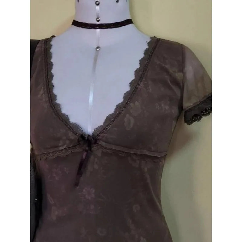 jinran Vintage Floral Brown Dress Women's Summer 2024 Chic Sexy Elegant Fashion Ladies Casual Dress Beautiful Lace Mini Short Dresses