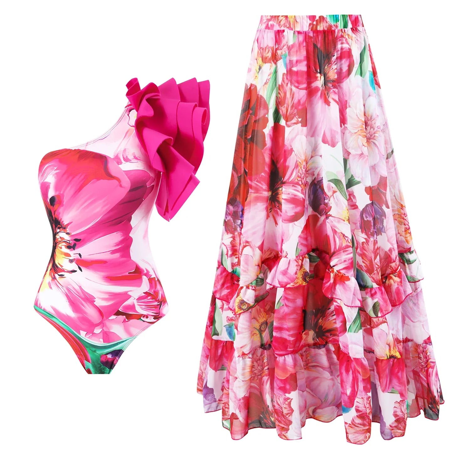 jinran 2024 New Ruffle One Piece Swimsuit For Women Swimwear with Skirt Bathing Suit Monokini Beach Bodysuit Beach Wear