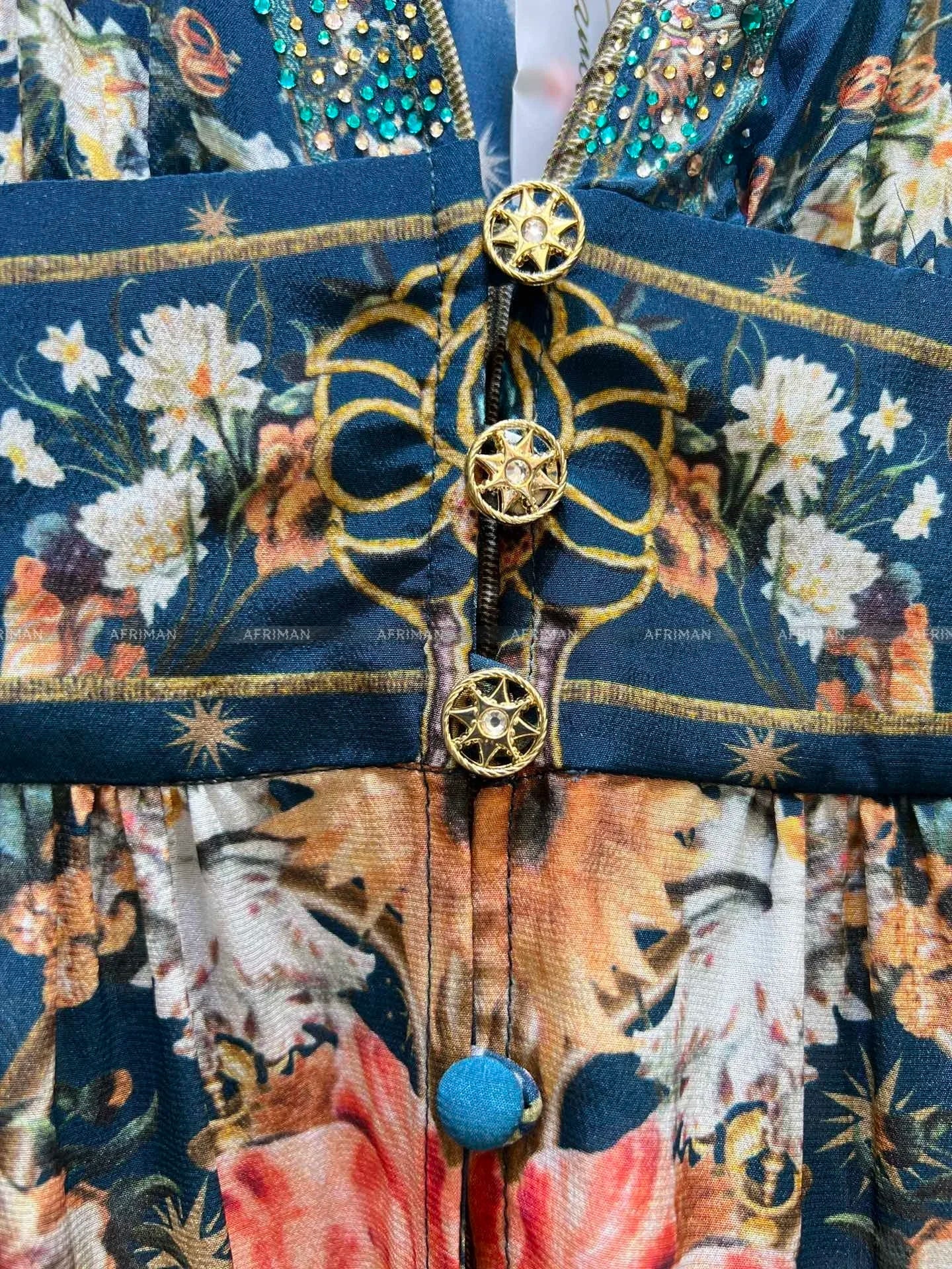 jinran Women V Neck Crystal Beaded Lantern Long Sleeve Blue Print Butterfly Embroidery Multi-layer Mini Silk Dress