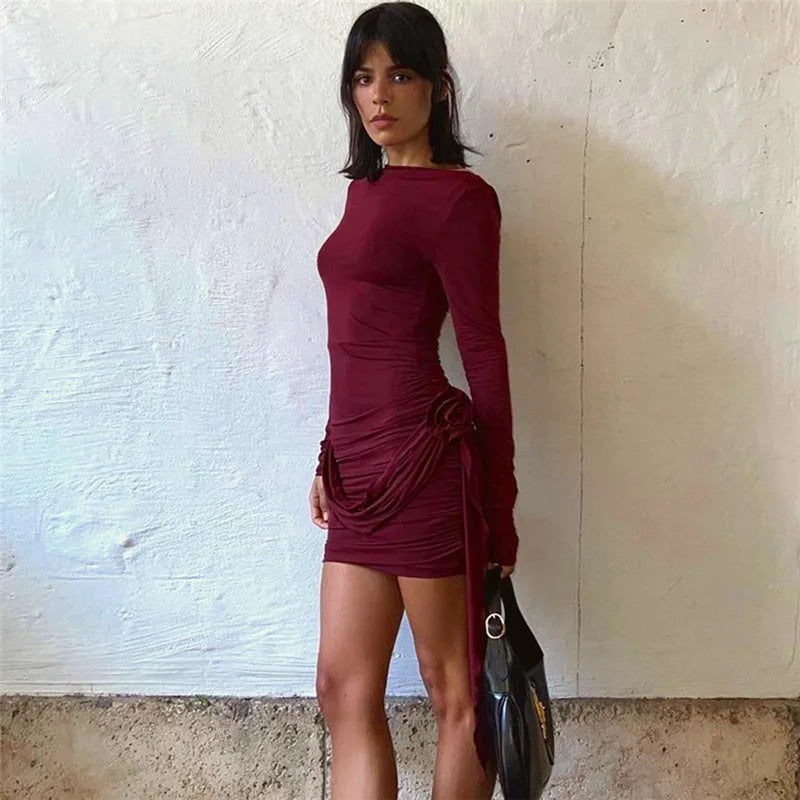 jinran Women Sexy Solid Bodycon Dress Elegant O-neck Flower Lace Up Long Sleeve Mini Slim Dresses Fashion Party Club Dress Vestidos