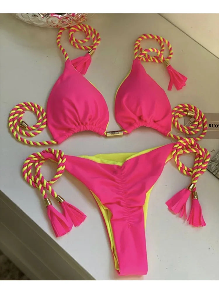 jinran Swimwear Thong Bikini Set 2024 New Blue Swimsuits Woman Sexy Bathing Suits Bikinis Triangle Bandage Female Beachwear Bikini