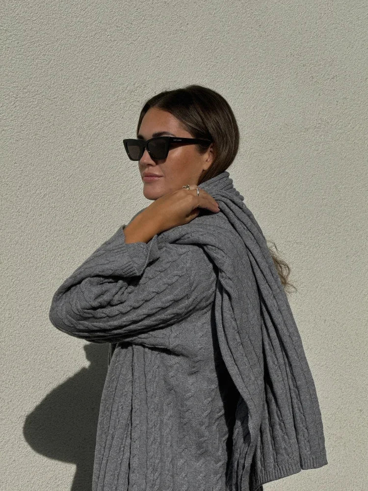 nvxiot - Autumn Solid Pleated Scarf Twisted Knitted Sweater Women Chic Long Flare Sleeve O-neck Knit Pullover 2024 Lady Streetwear
