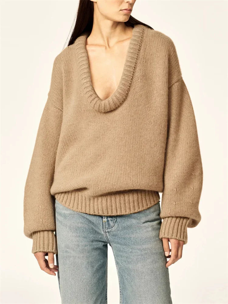 nvxiot - Autumn Knit Sweater Pullover Loose Female Casual Patchwork Scoop Neck Striped Long Sleeve Knitwear Women Y2k Top Pullover