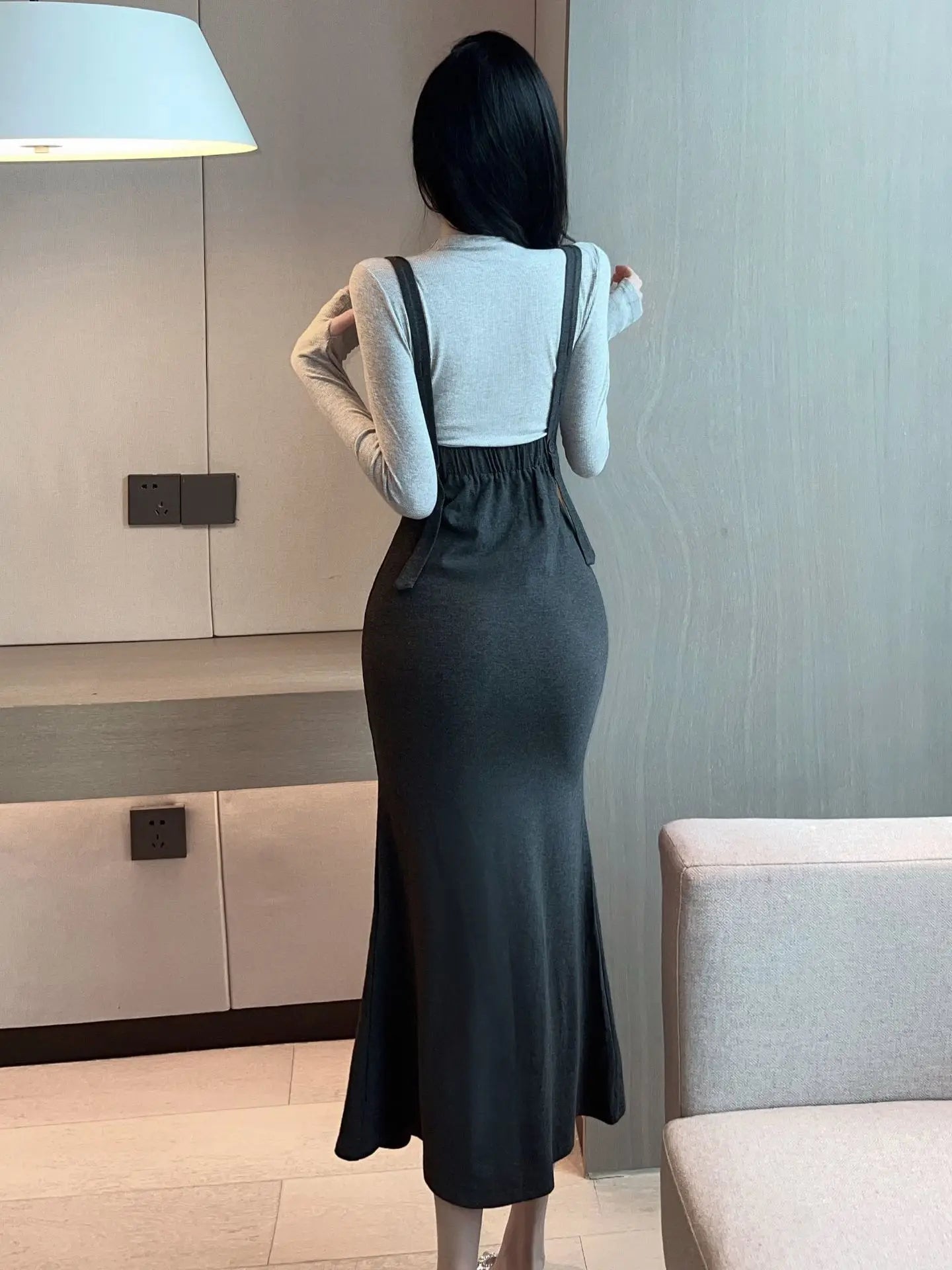 jinran 2024 Spring Autumn Women's Mature Sexy Spicy Girl Long Sleeve Knitted Top Slim Wrap Hip Half Dress Fashion Two Piece Set 0GKC