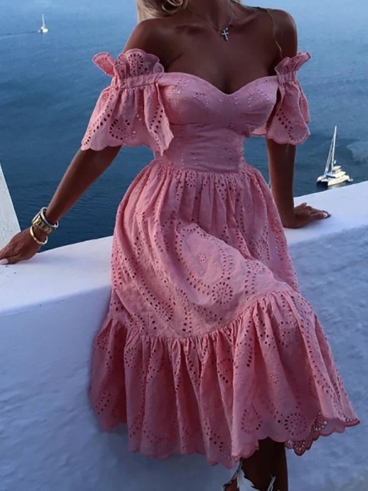 jinran Women Sexy Off Shoulder Lace Long Dress 2022 Solid Ruffle Cutout Boho Casual Holiday Beach Elegant Party Dresses Summer платье