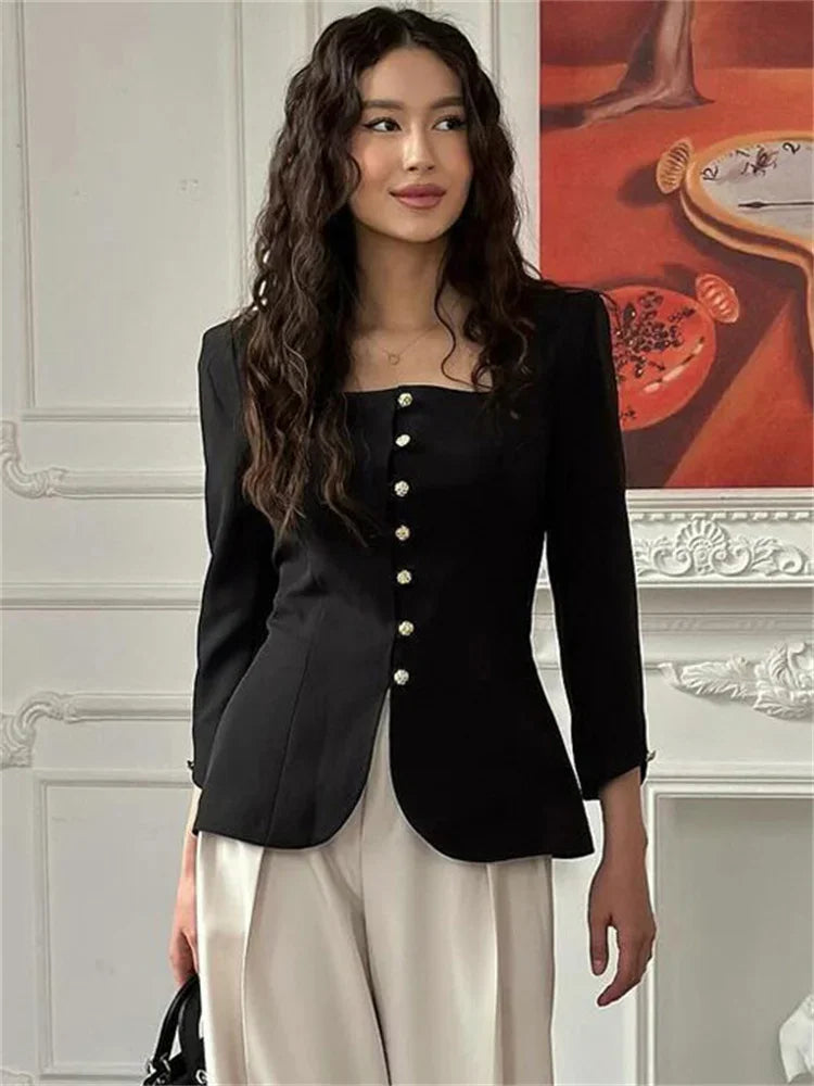 nvxiot - Autumn Square Collar Outwear Female Elegant Commute Cropped Long Sleeve Streetwear Patchwork Cardigan Solid Coat Ladies