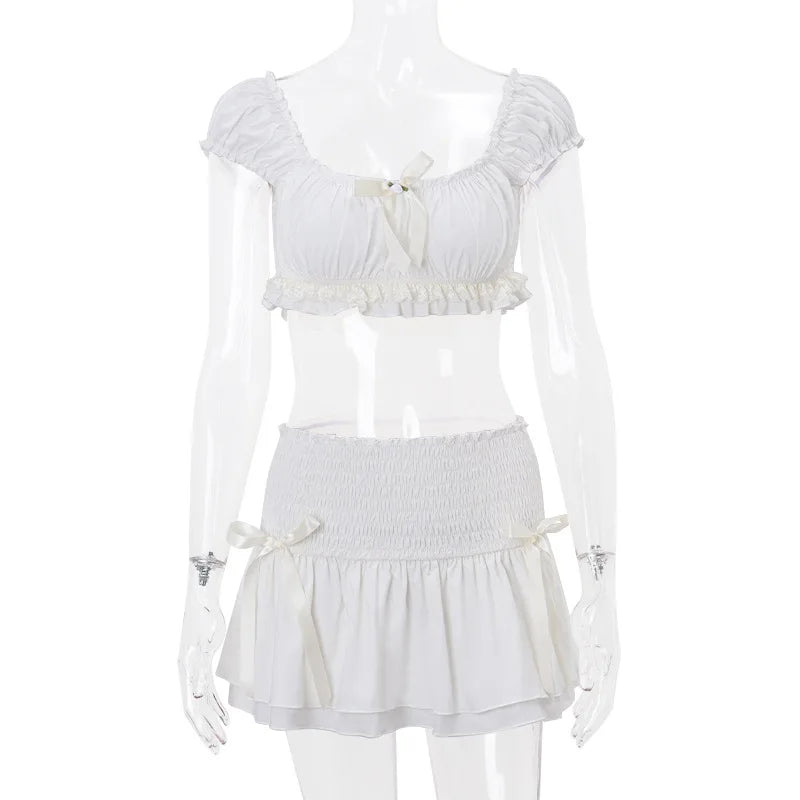 jinran Summer Ruched Ruffle Crop Top 2 Piece Sets For Women 2024 New Matching Sets Sexy Puff Sleeve Top and Mini Skirt Y2K Outfits