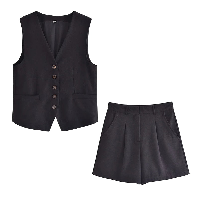 jinran Cotton Linen Brown Spring Summer Pockets Shorts Vest Set Sleevless Button Up V Neck Wide Leg Outfits 2 Pcs Suit Femme