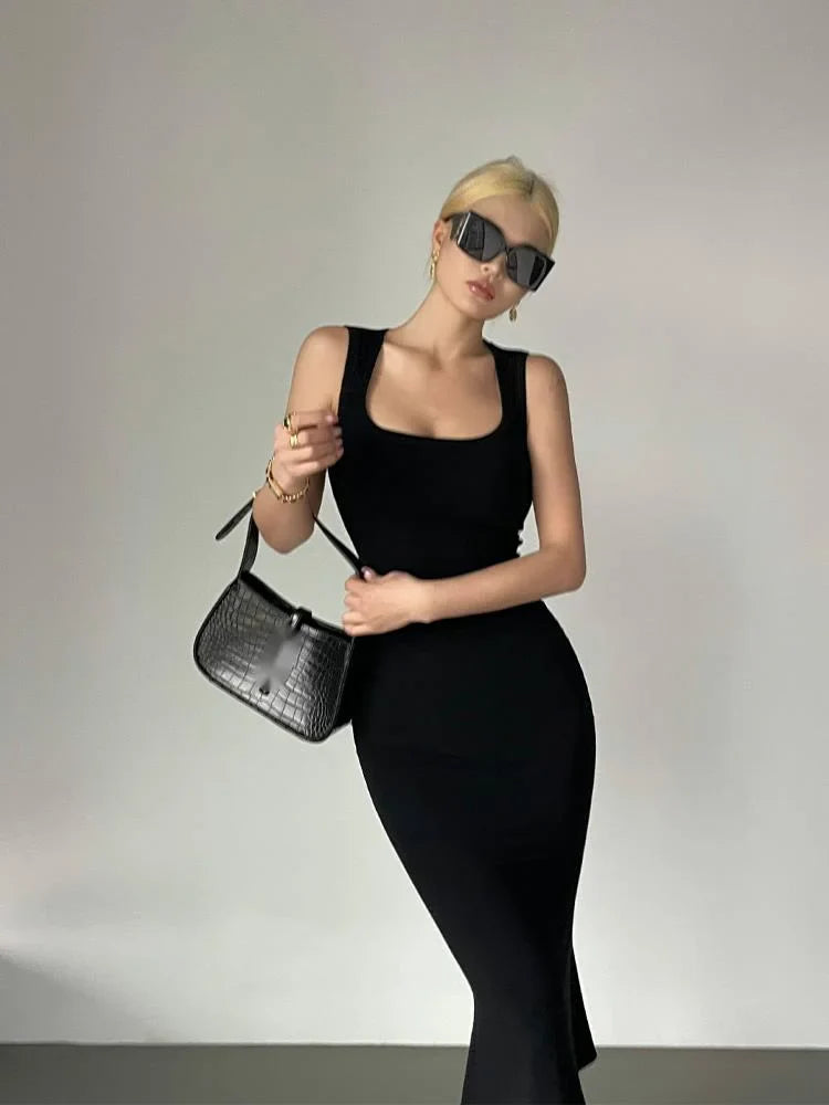jinran Sleeveless Square Neck Tank Top Dress Women's Summer New High Waist Mid Length Slim Hip Fishtail Dresses Korean 2Y38