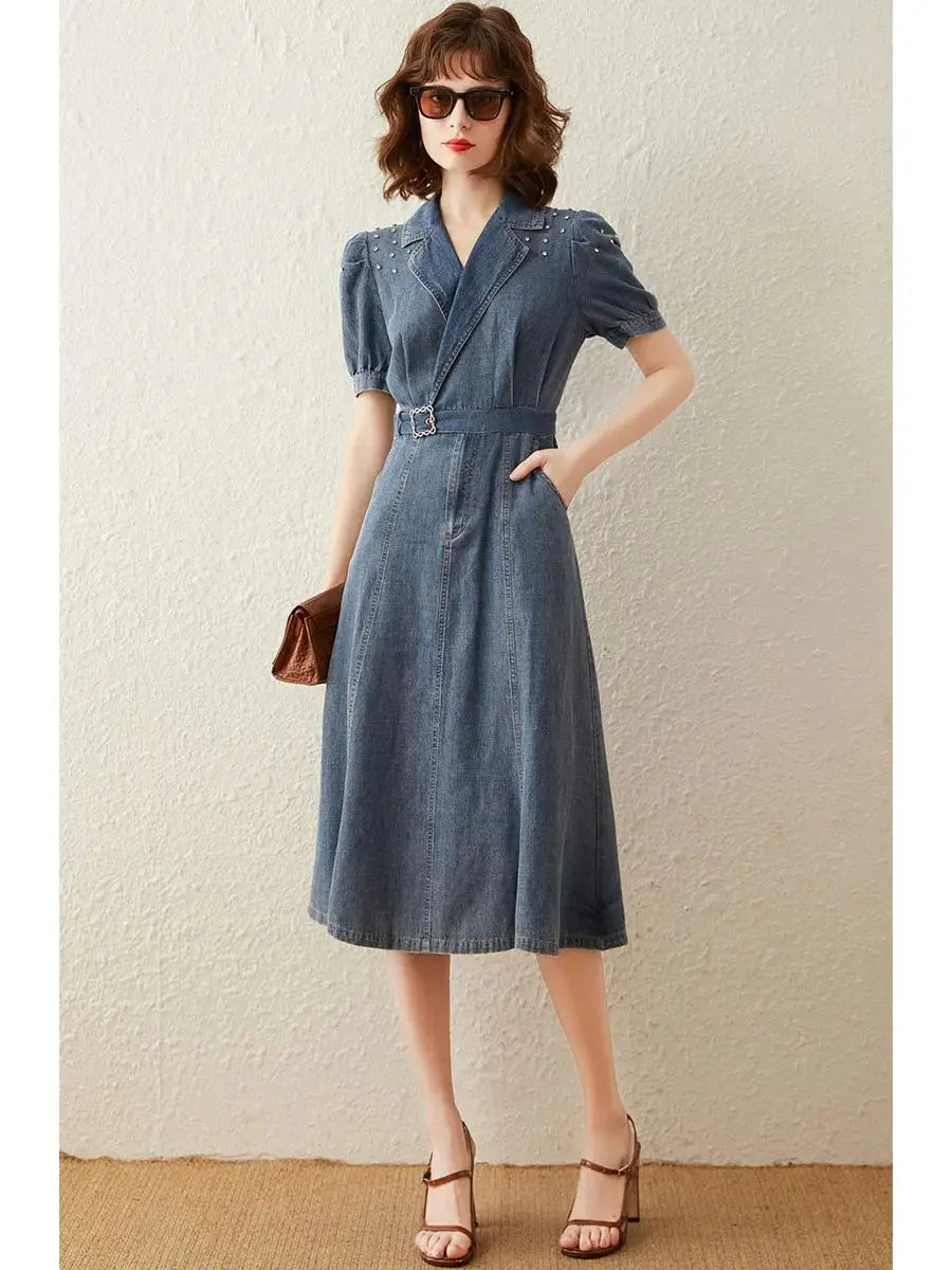 jinran Women Denim Dress 2024 Summer Dress Turn Down Collar Puff Short Sleeve with Belt Knee Length Long Washed Denim Dress