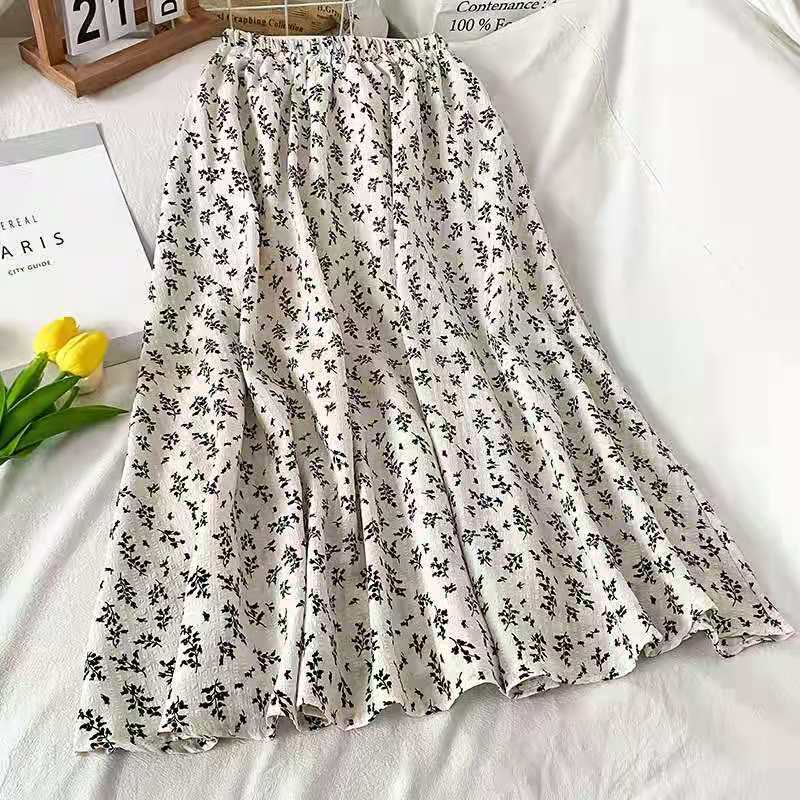 jinran - Vintage Floral Skirt Women High Waist A-line Mid-Calf Casual Skirt Korean Fashion Loose 2024 Spring Summer Female Outfit