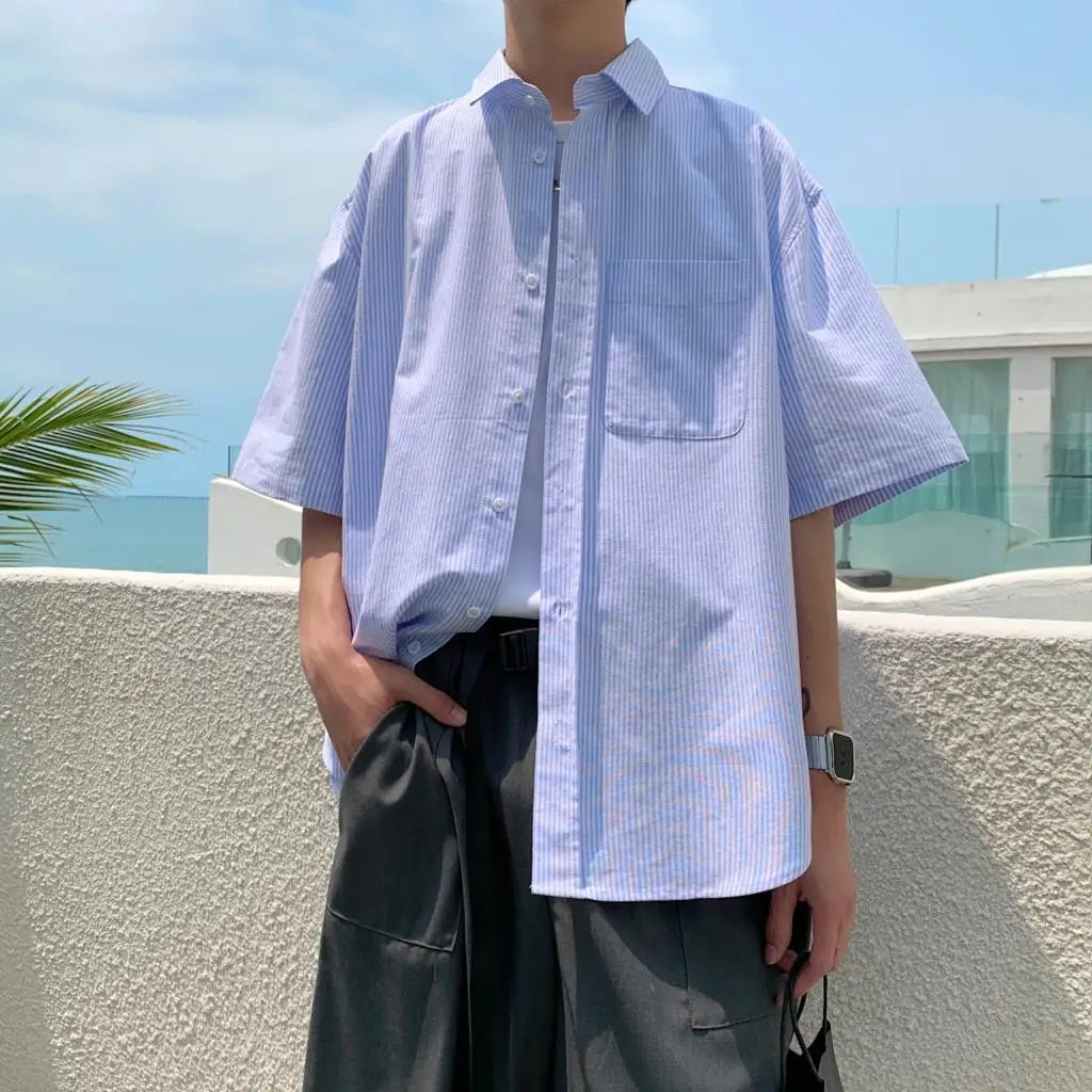-Youth Korean Fashions Cotton Striped Shirts Oversized Vintage Button Up Shirts Japanese Casual Short Sleeve Shirts