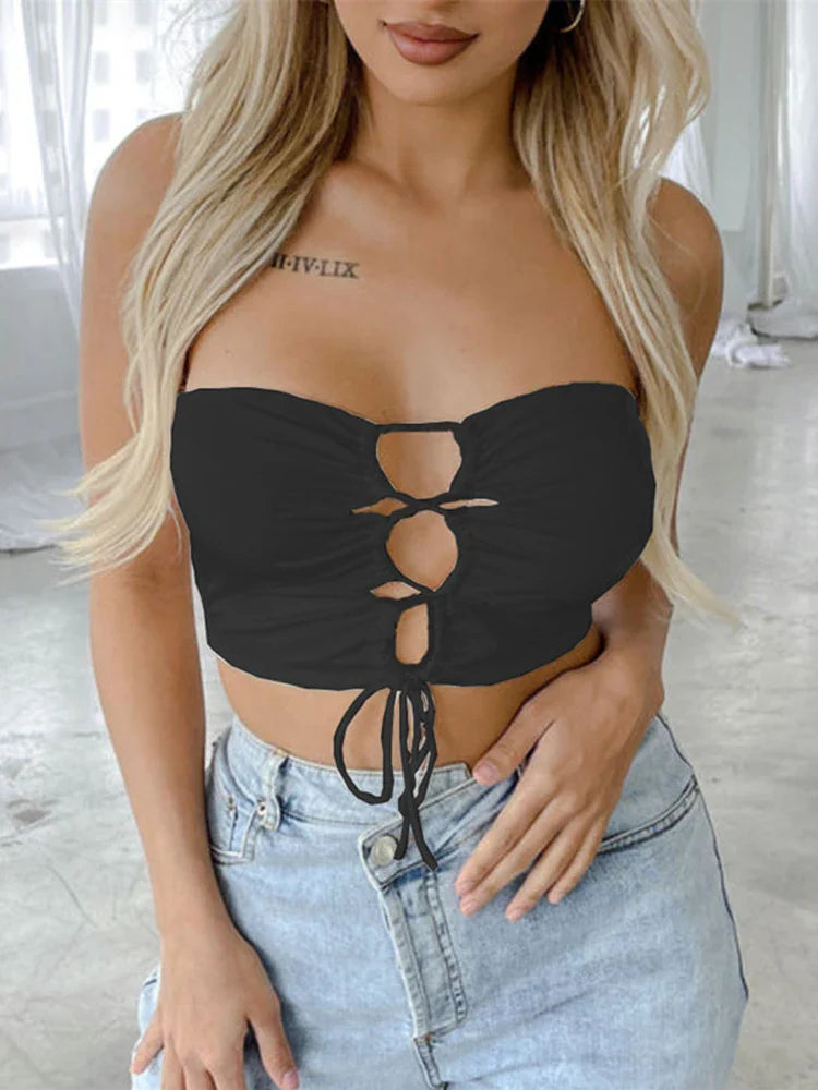 jinran Solid Lace Up Cropped Tops Women Sleeveless Slim Hollow Out Camis Sexy Club Party Bodycon Tank Top Y2K Streetwear Summer