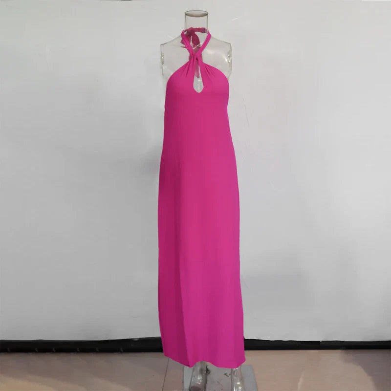 jinran 2024 Summer New European And American Holiday Casual Women's Sleeveless Halter Sexy Halter Solid Color Dress Long Skirt