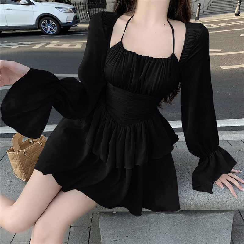 jinran Sweet Pink Dress French Women Halter Folds Strapless Ruffled Holiday Dress Summer New Long Sleeve Fashion Pleated Mini Dress