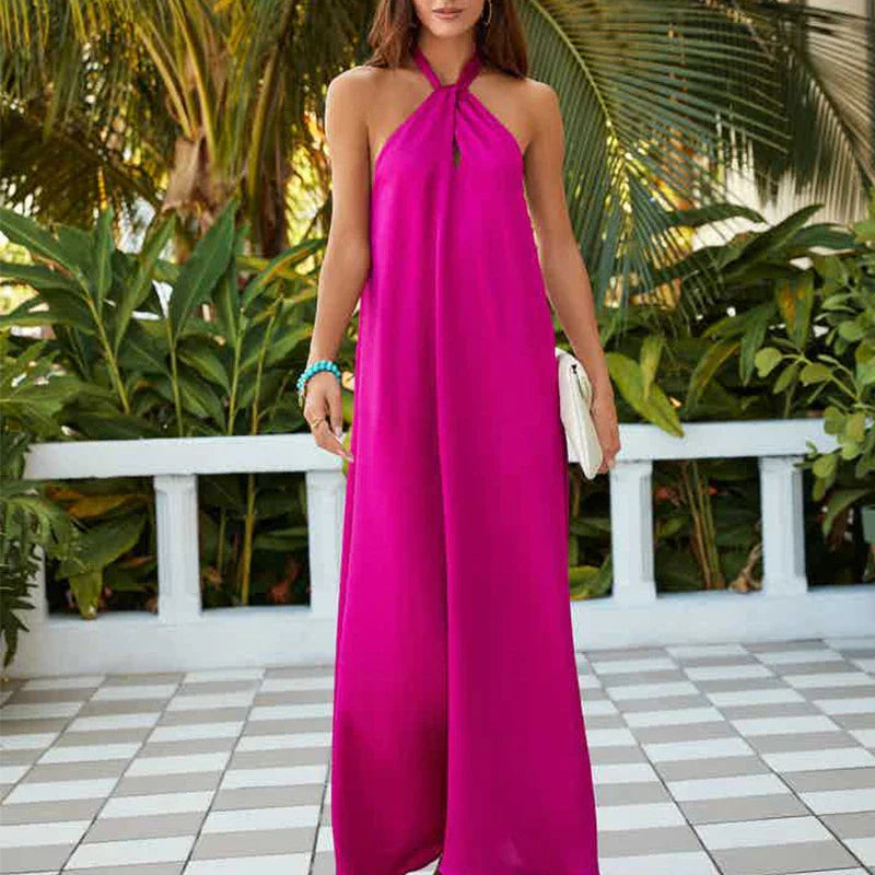 jinran 2024 Summer New European And American Holiday Casual Women's Sleeveless Halter Sexy Halter Solid Color Dress Long Skirt