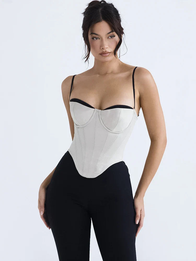 jinran Thick Satin Bustier Corset Crop Top with Chest Pads Spaghetti Strap White Bodycon Top Summer Women Tops with Fishbone