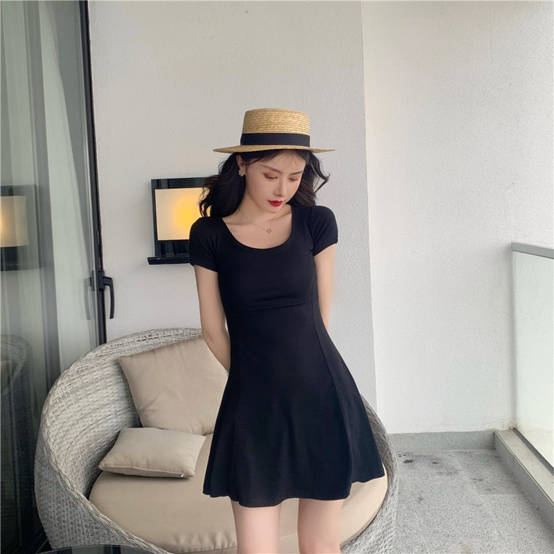 jinran Women Summer Dress O Neck Short Sleeve Solid Korean Thin Slim A Line Dress Slim Retro Red Black Pink Short Mini Dress Vestidos