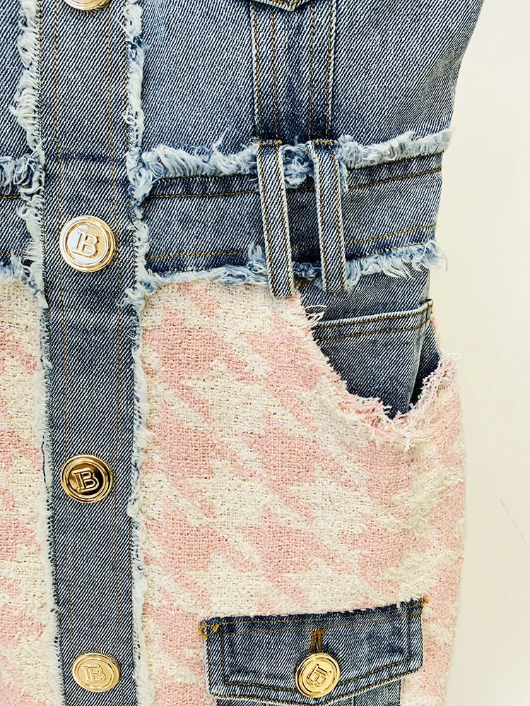 jinran HIGH STREET Newest 2024 Designer Fashion Women Spaghetti Strap Denim Tweed Houndstooth Pachwork Fringed Dress