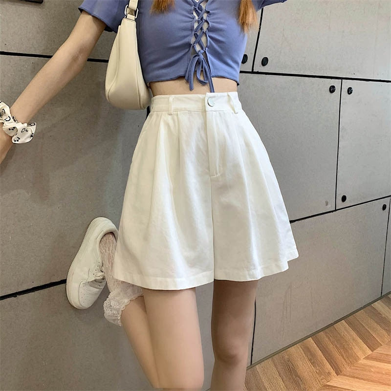 jinran Y2K Women High Waist White Shorts Korean Fashion Pleated Wide Leg Pants Summer Casual All Match Female Preppy Style Pants New
