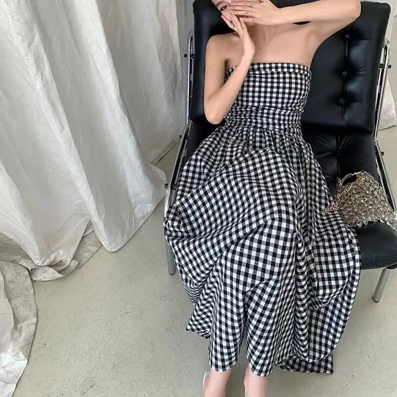 jinran Vintage Plaid Dress Women Summer Korean Elegant Tube Top All-Match Midi Dress Y2K Folds Off Shoulder Holiday Beach Vestidos