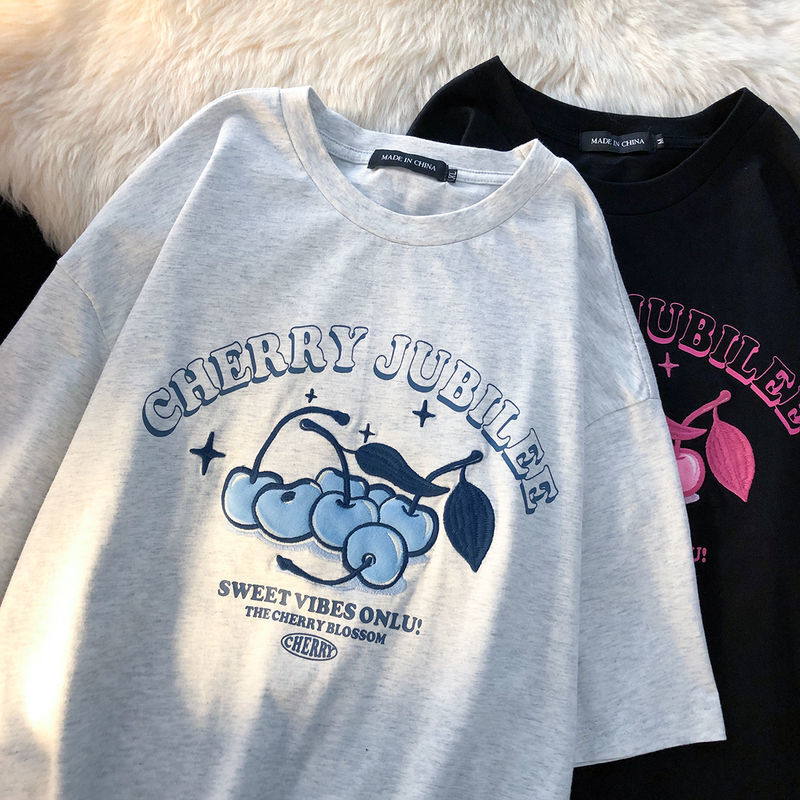 jinran Summer Chic Cherry Cute Print T Shirts Ins Streetwear Kawaii Clothes Korean Trend Short Sleeve Large 2XL Tees Tops Harajuku