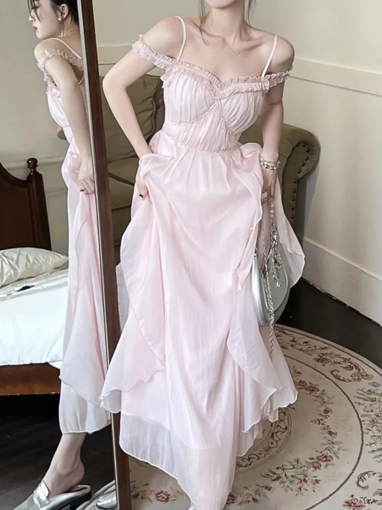 jinran Summer Women Sweet Pink Fairy Chiffon Midi Dress Korean Elegant One-piece A-Line Vestidos Female Clothing Mujers