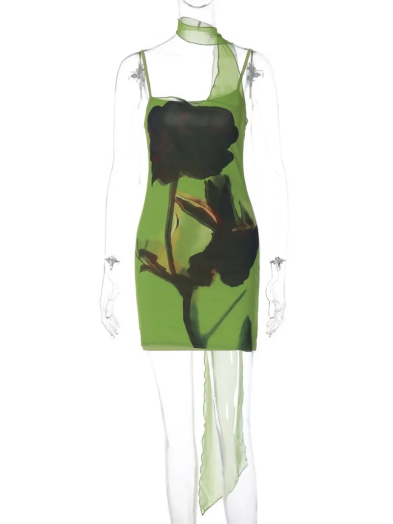 jinran Green Print Bandage Mini Slip Dress 2024 Woman Clothing Sleeveless High Waist Bodycon Package Hip Short Holiday Party Dresses