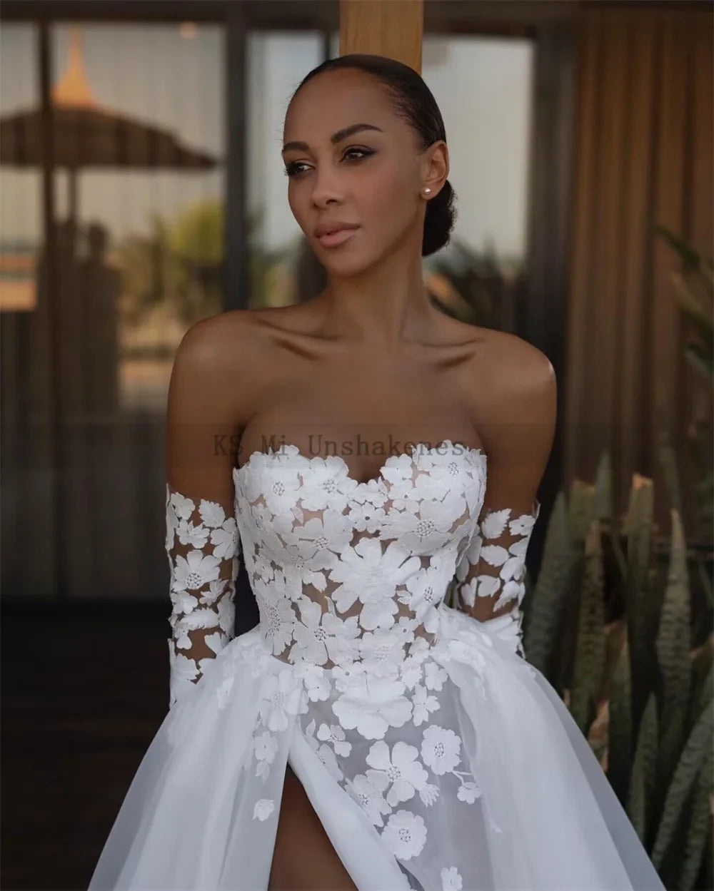 jinran White Sexy African Wedding Dresses Beach Long Sleeve Lace Bride Dress Split Side Organza Wedding Gowns Sweep Train Boda