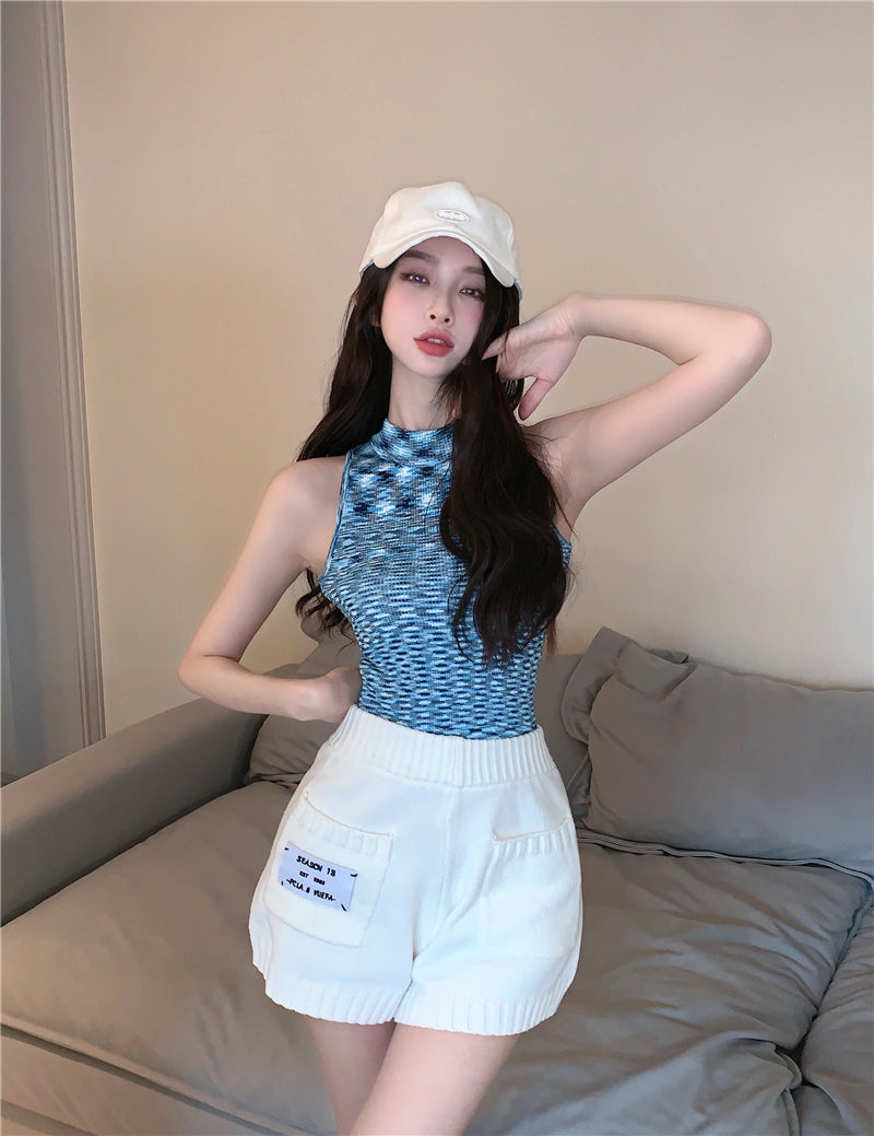 jinran Summer All-match Slim Letter Patch Knitted Shorts Female Casual Pockets White Women's Shorts Sexy Lady Elastic Waist