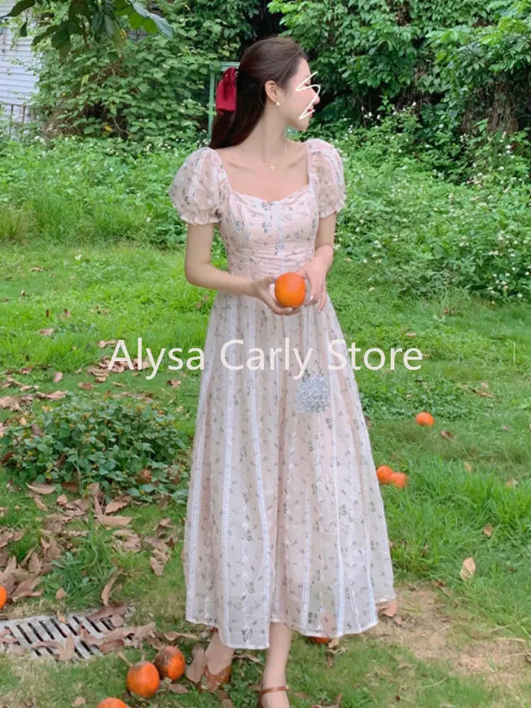 jinran Vintage Puff Sleeve Fairy Midi Dress Women Sweet Elegant Korean Style Floral Dress Female 2023 Summer Casual Party Dresses Chic