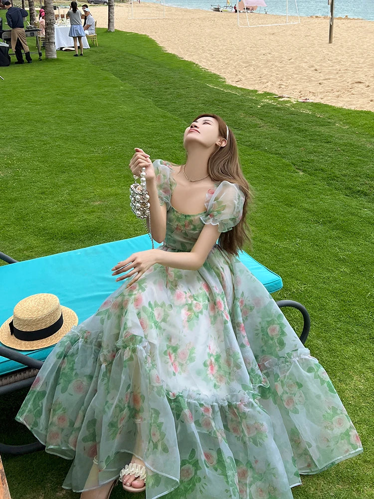 jinran Vintage Floral Evening Midi Maxi Dresses for Women Elegant Casual Party Prom Green Holiday Princess Fairy Long Dress Summer 2024