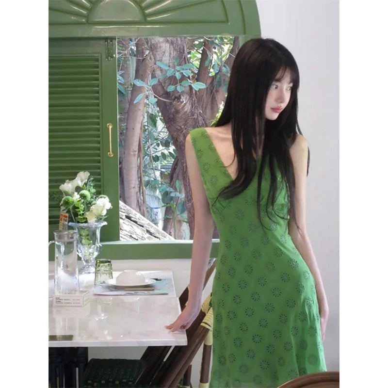 jinran Vintage Green Mini Dress Women Sexy V Neck Strap One Pieces Dresses Summer Vacation Party Bodycon Sundress Korean Vestidos New
