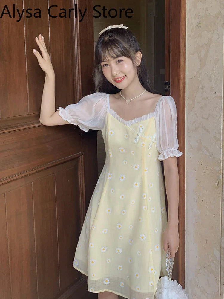 jinran Yellow Floral Vintage Dress Women Patchwork Chiffion Puff Sleeve Sweet Fairy Dress Female Elegant Korean Party Dress 2024 Summer