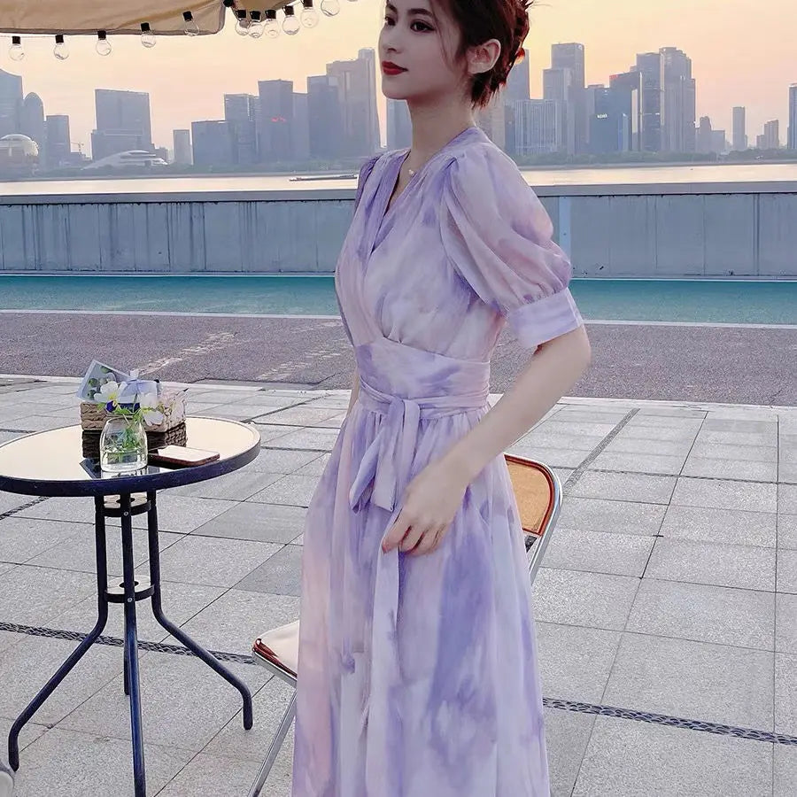 jinran Korean Fashion Puff Sleeve Floral Dress Loose Waist With Bandage New Women's Summer Dresses Elegant Casual Midi Vestidos Mujer