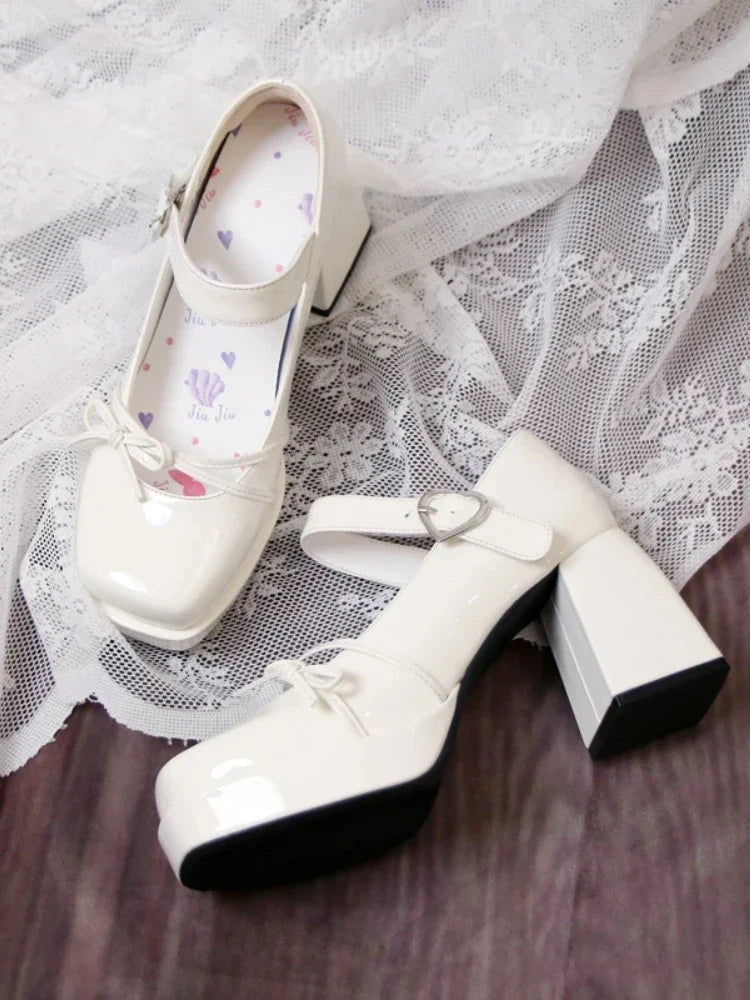 jinran Lolita French Style Square Head Leather Heels Elegant Ladies All-Match Mary Jane Thick High Heel Shoes Women's Pumps Shoes 2024