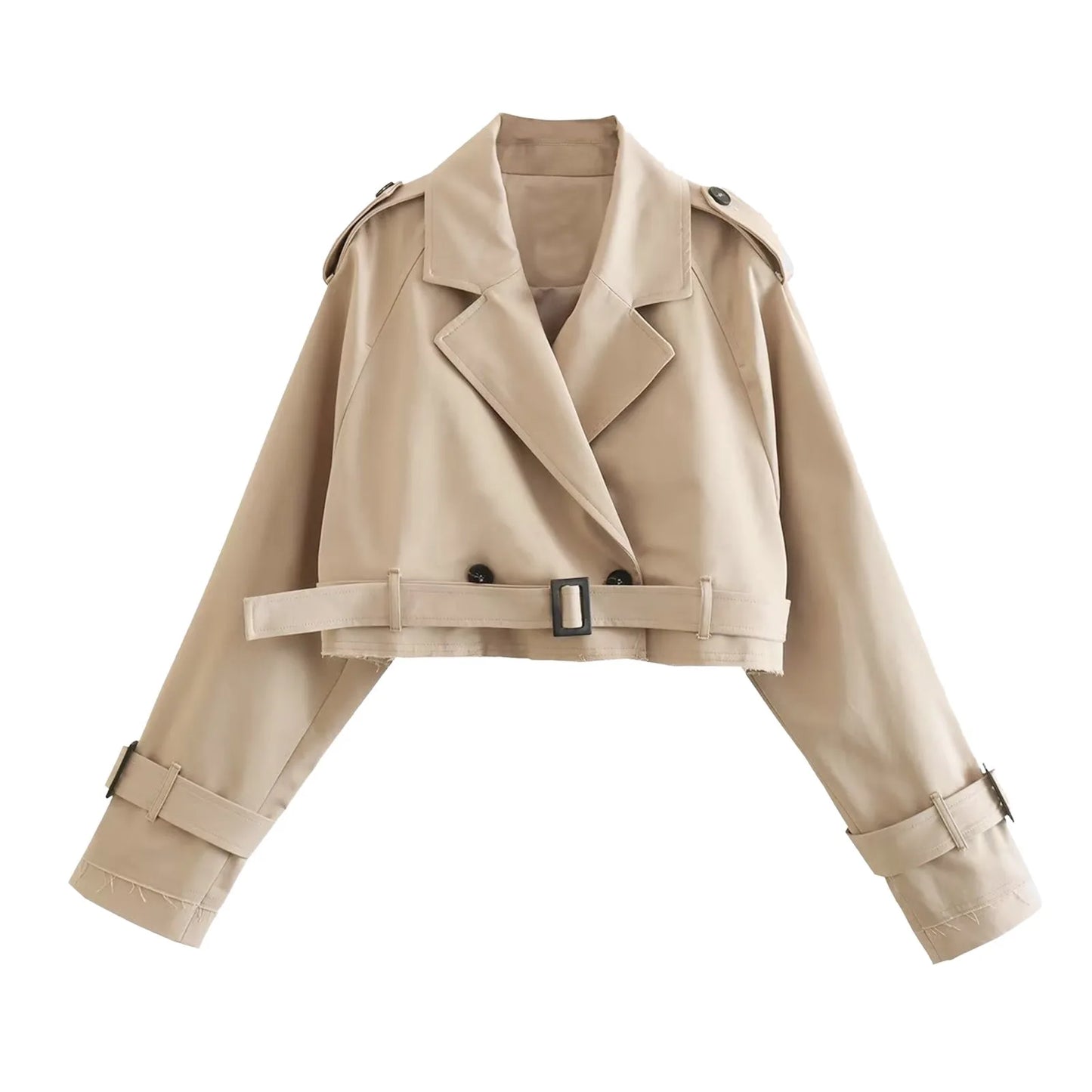 jinran Korean Fashion All Match Trench Coats Solid Color Black Khaki Short Jackets 2024 New Lapel Double-Breasted Waistband Windbreaker