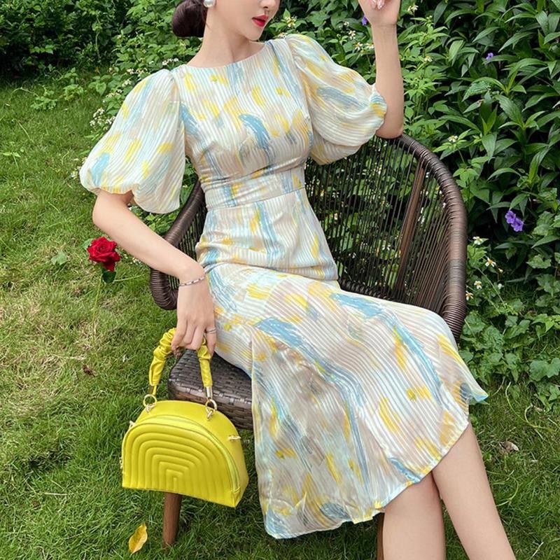 jinran Summer Women Vintage Dress Round Neck Puff Sleeve Printed Sexy Long Mermaid High Waist Midi Dress Elegant Retro French Dress