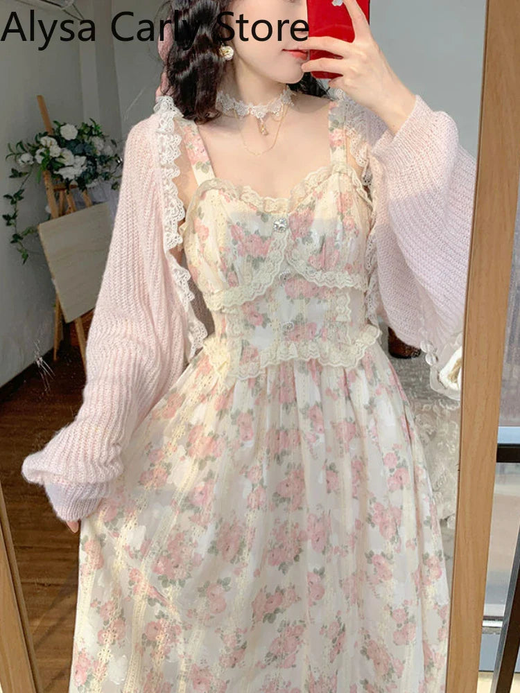 jinran Chiffon Lace Strap Dress Women Floral Embroidery Fairy Vintage Long Dress Female Sweet Princess Casual Party Dresses 2024 Summer