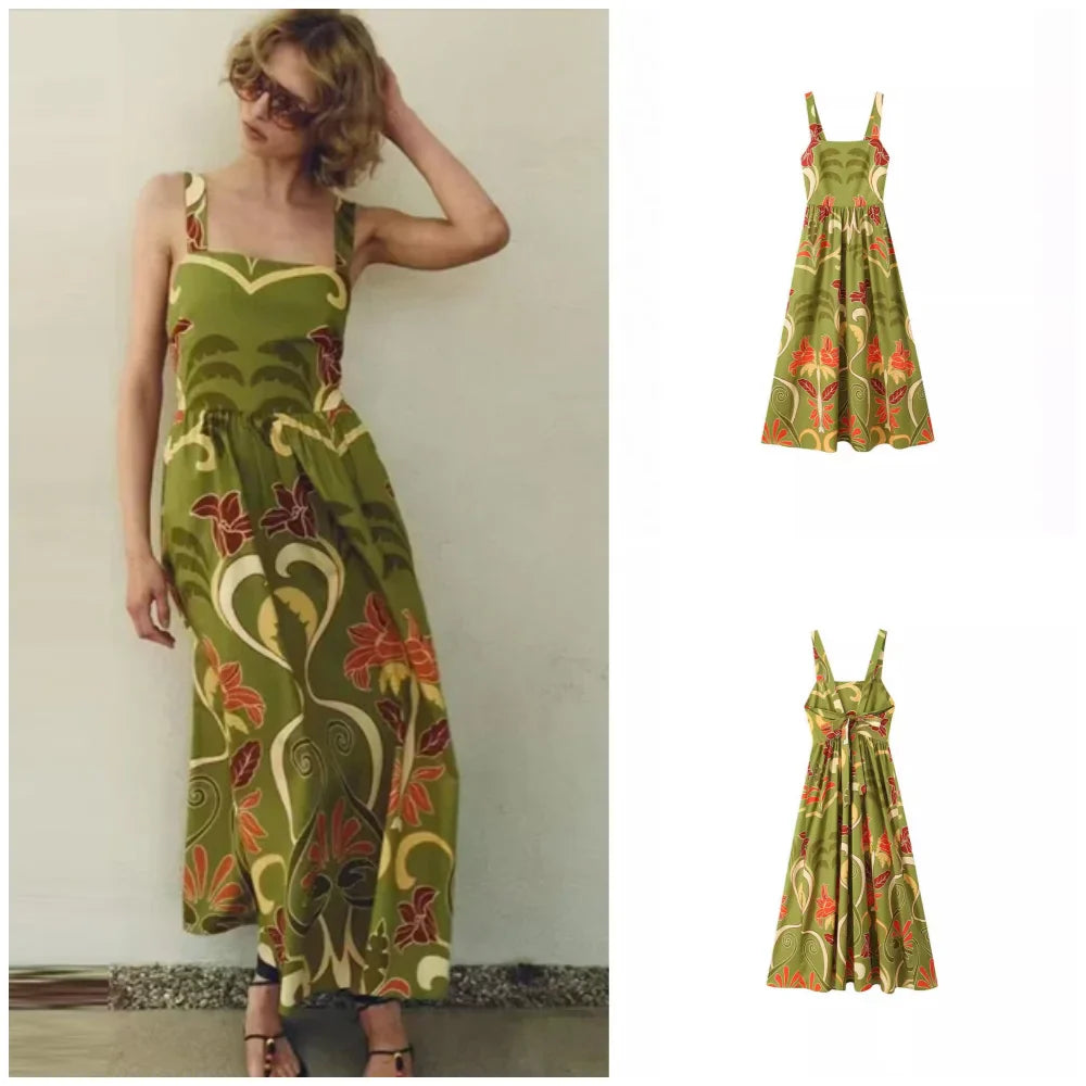 jinran Printed Lace Up Sling Long Dresses Women Sexy Backless Sleeveless Female Dress 2024 Summer Beach Holiday Loose Lady Vestidos