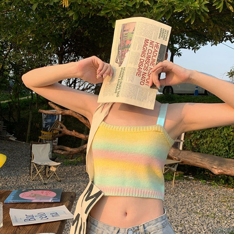 jinran Women Rainbow Striped Crop Tops Female Knitted Sleeveless Tank Tops Summer Camisoles Sweet Girls Casual Party Daily Club Vest