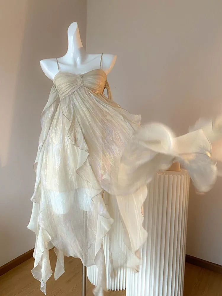 jinran France Fashion Irregular Beach Strap Dress Female Elegant Chiffon Fairy Party Vestidos Korea Summer Casual Clothing